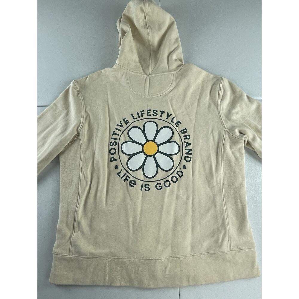 Life Is Good Hoodie Womens Large Zip Sweater Flower Daisy Cream Ivory Good Vibes